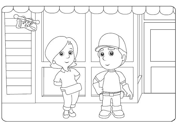 coloriage manny et kelly devant leur magasin